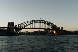 Sydney harbour bridge at sunset with calm water