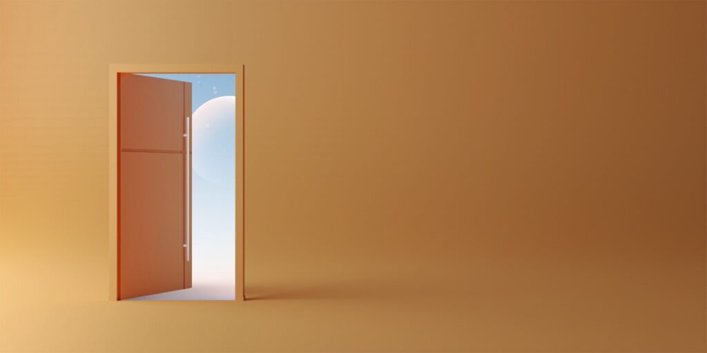 an open door leading to a bright orange room
